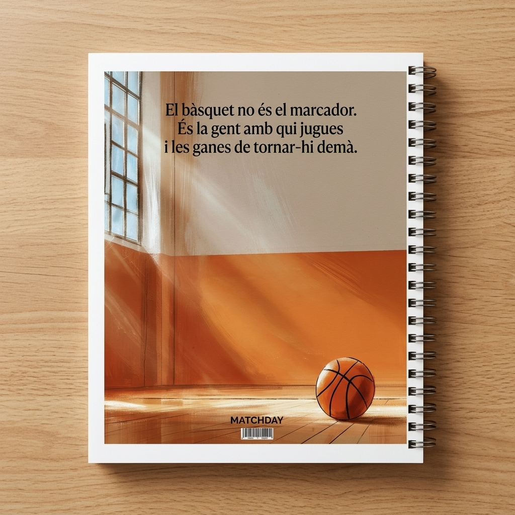 Contraportada del diari MATCHDAY amb una il·lustració del pavelló, una pilota de bàsquet i una cita sobre el joc